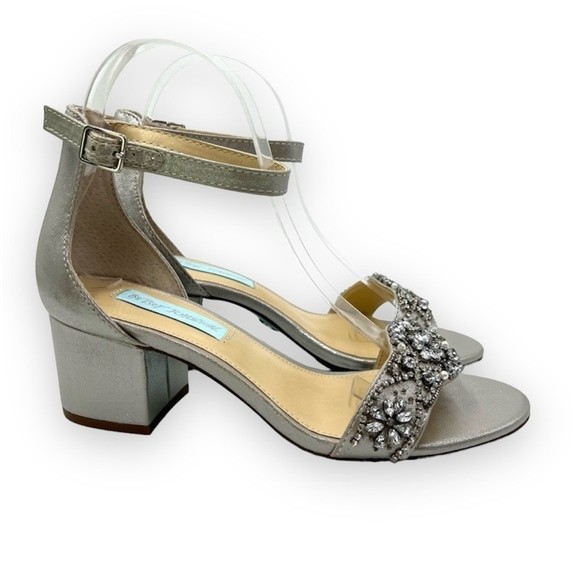 Blue Betsey Johnson Size 7 Mel Jeweled Silver Block Heels Dress Sandals Shoes - Picture 1 of 15